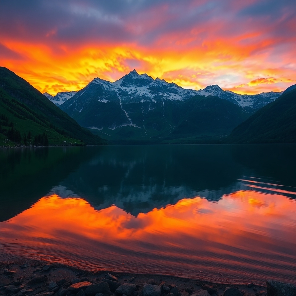 Sunset Over Tranquil Mountain Lake – free AI stock image