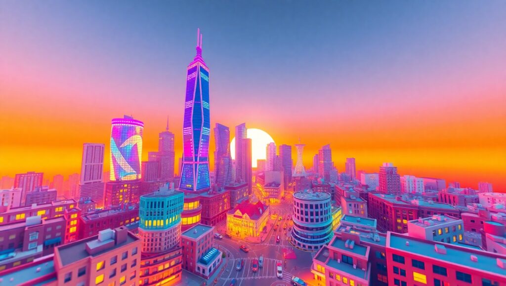 Sunset Over Voxel Cityscape – free AI stock image