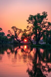Sunset Reflection on Calm Lake Surface – free AI stock image