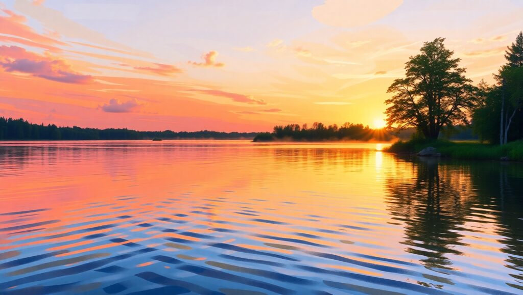 Sunset Reflections: A Lakeside Impression – free AI stock image