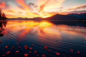 Sunset Reflections on a Tranquil Lake – free AI stock image