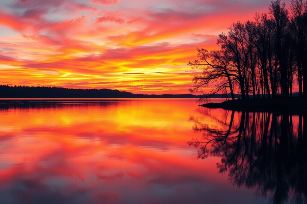 Sunset Reflections on a Tranquil Lake – free AI stock image