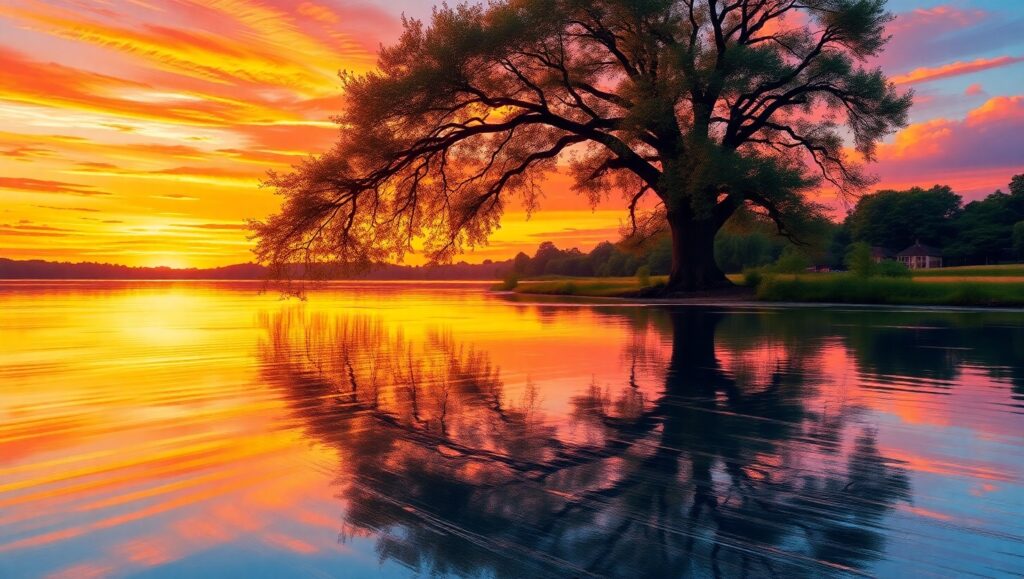 Sunset Reflections on Tranquil Lake – free AI stock image