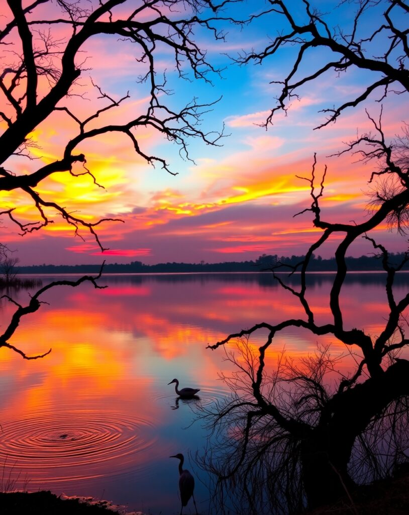 Sunset Reflections Over Serene Lake – free AI stock image
