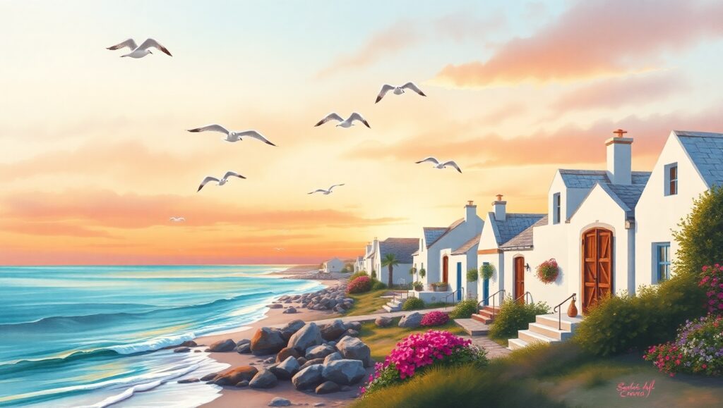 Sunset Serenity at Coastal Village – free AI stock image
