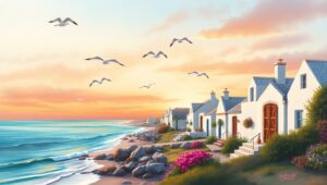 Sunset Serenity at Coastal Village – free AI stock image