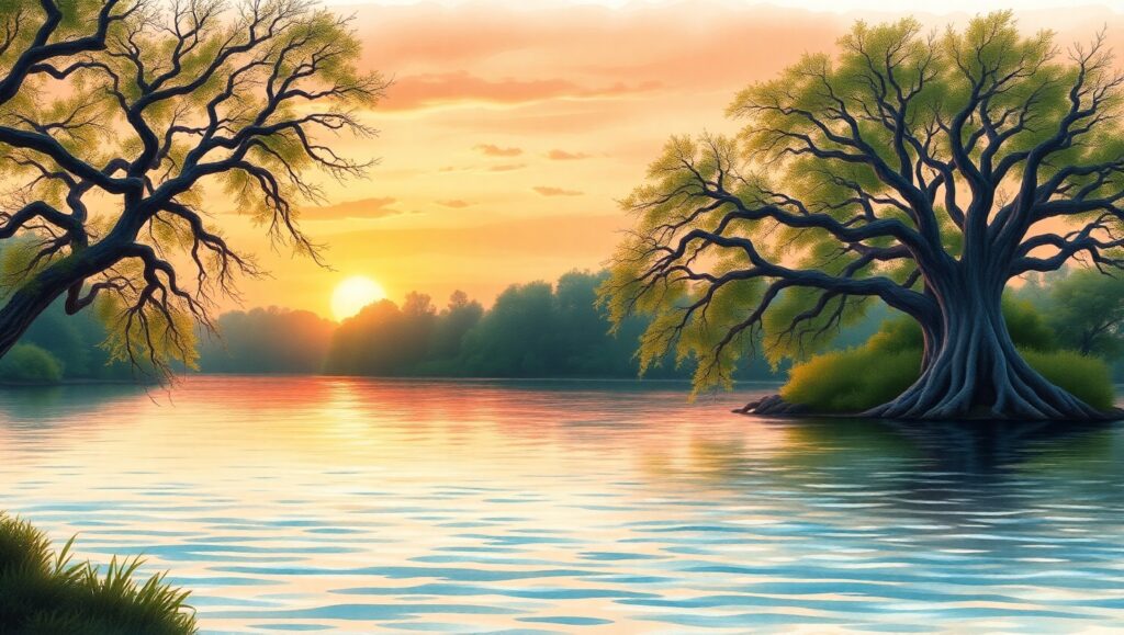 Sunset Serenity by the Lake 8pX – free AI stock image