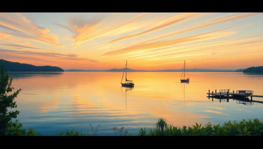Sunset Serenity by the Lakeside – free AI stock image