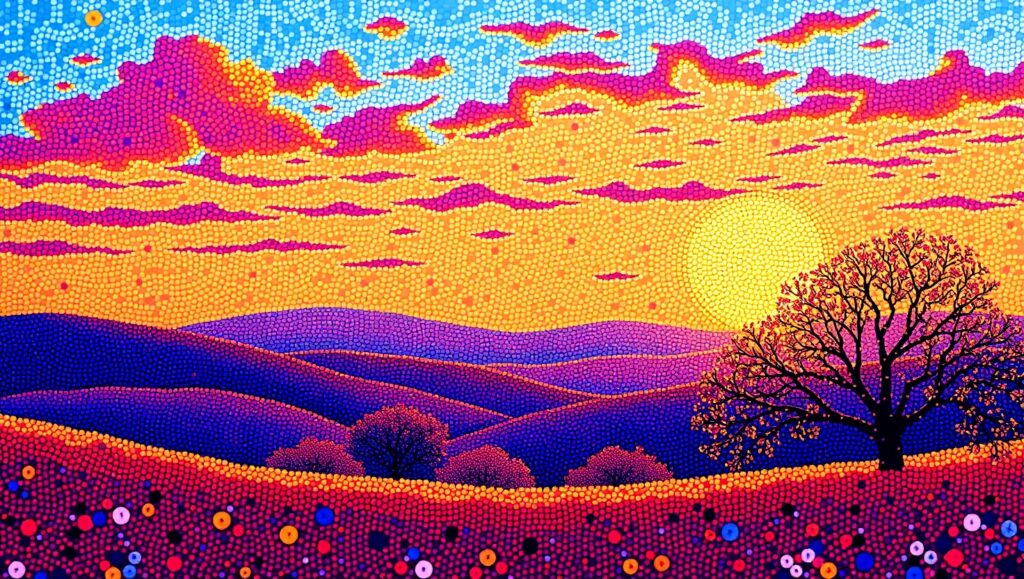 Sunset Serenity in Pointillism 0Gy – free AI stock image
