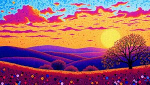 Sunset Serenity in Pointillism 0Gy – free AI stock image