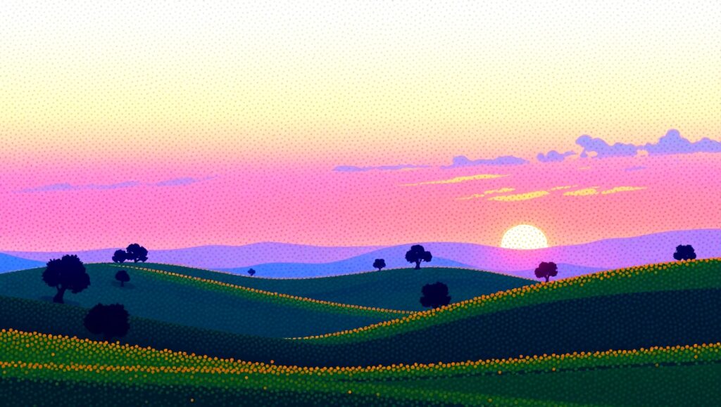 Sunset Serenity in Pointillism – free AI stock image