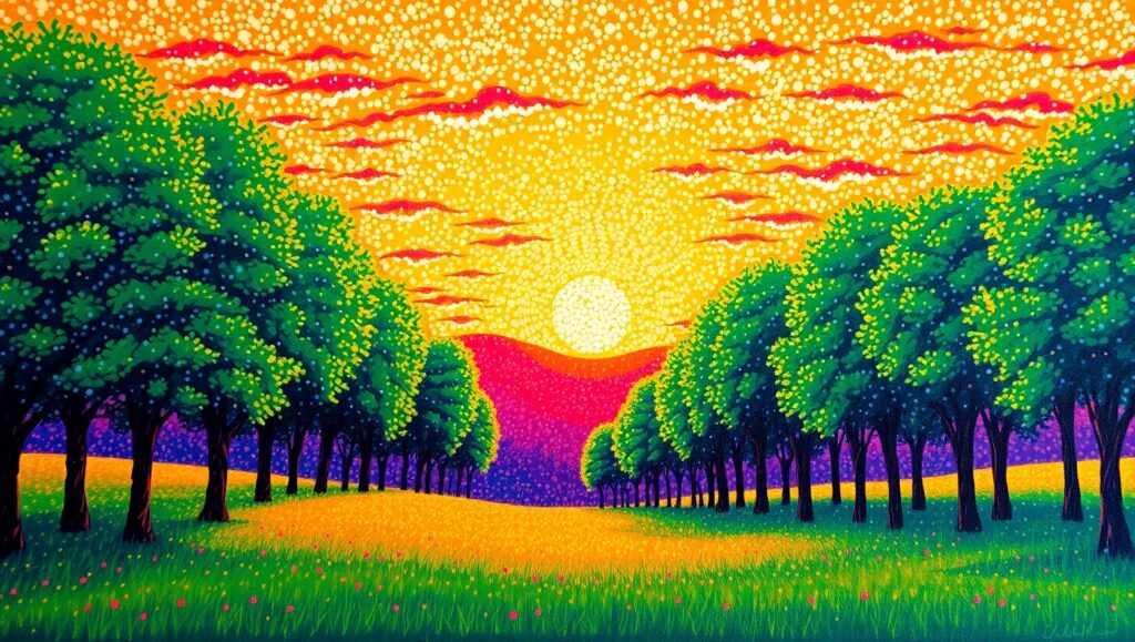 Sunset Serenity in Pointillism Style – free AI stock image