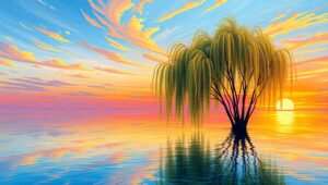 Sunset Serenity in Pointillism Style – free AI stock image