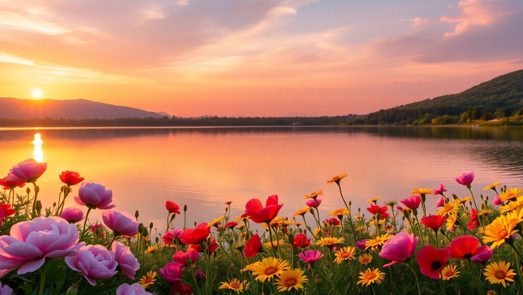 Sunset Serenity Over a Blooming Lake – free AI stock image