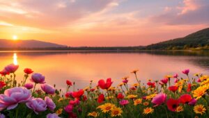 Sunset Serenity Over a Blooming Lake – free AI stock image