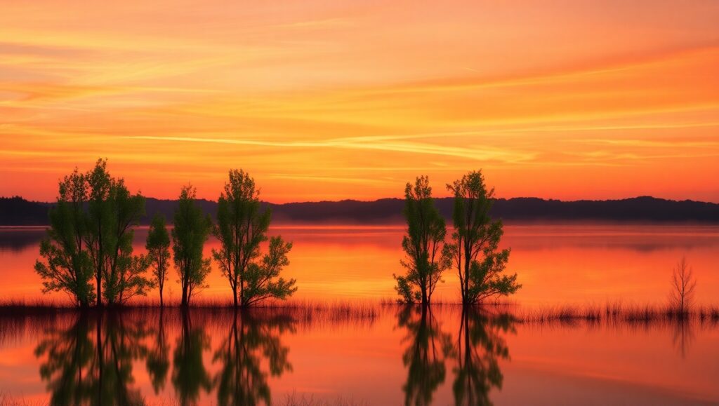 Sunset Serenity Over a Tranquil Lake – free AI stock image