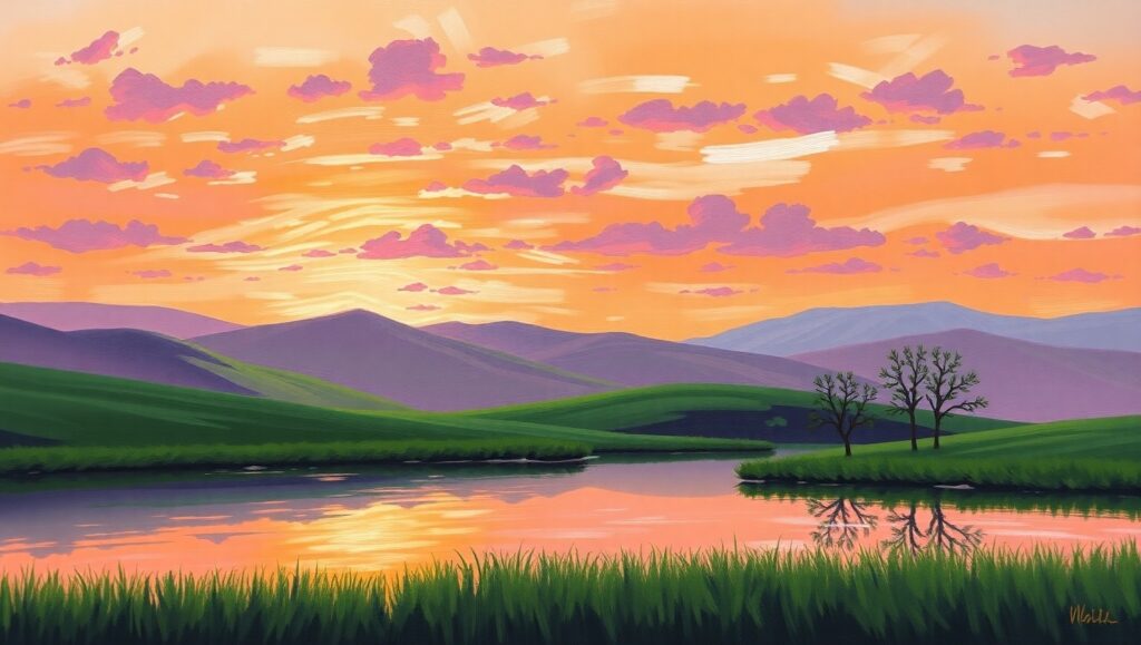 Sunset Serenity Over Tranquil Hills – free AI stock image
