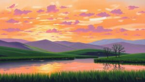 Sunset Serenity Over Tranquil Hills – free AI stock image