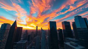 Sunset Skyline from Below – free AI stock image