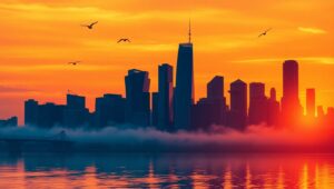 Sunset Skyline in Duotone Colors – free AI stock image