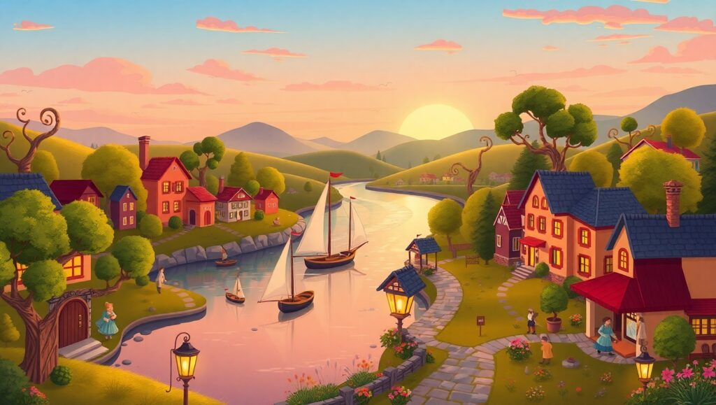 Sunset Village in Flat Style – free AI stock image