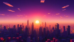 Sunset Voxel City Skyline – free AI stock image