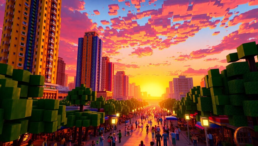 Sunset Voxel Cityscape – free AI stock image