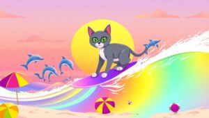 Surfing Cat on a Rainbow Wave – free AI stock image