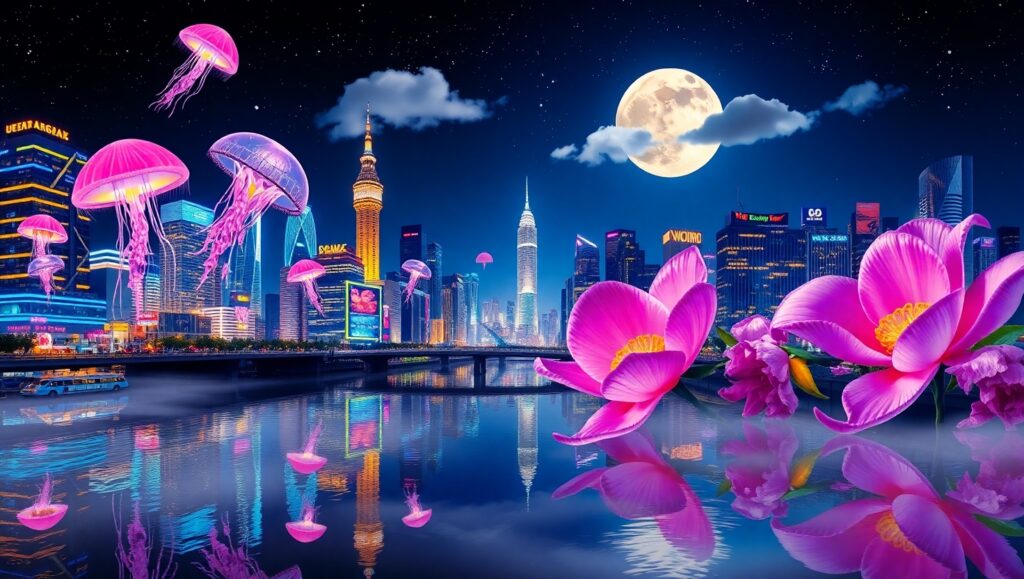Surreal City Nights Collage – free AI stock image