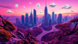 Surreal Cityscape in Duotone – free AI stock image