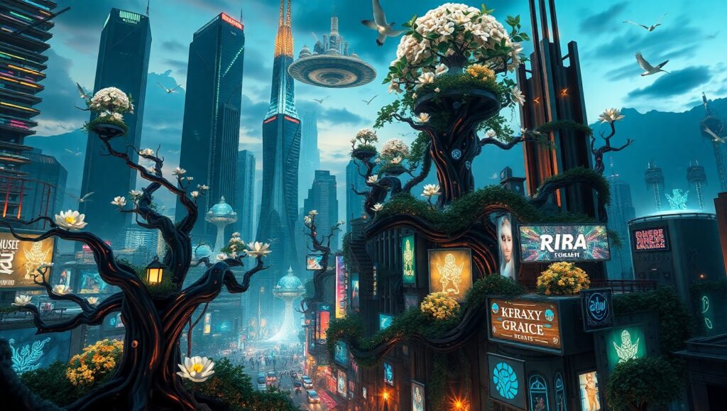 Surreal Cityscape of Nature and Tech – free AI stock image