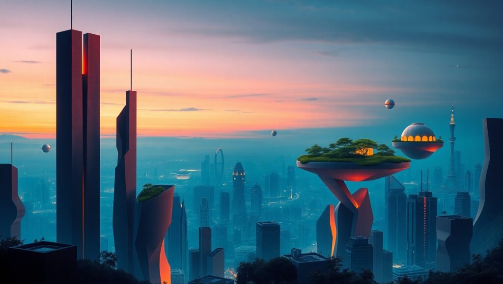 Surreal Dusk Cityscape in Duotone – free AI stock image