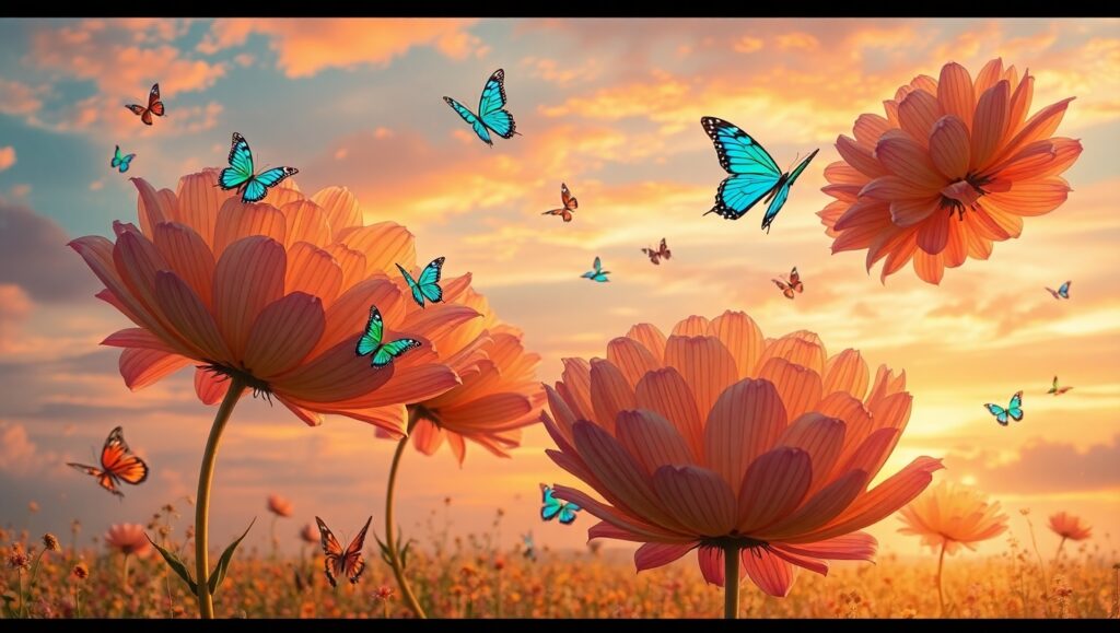 Surreal Flight of Flowers – free AI stock image