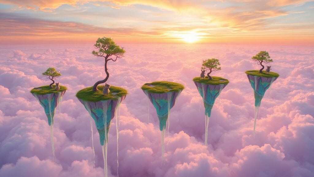 Surreal Floating Islands at Sunset – free AI stock image