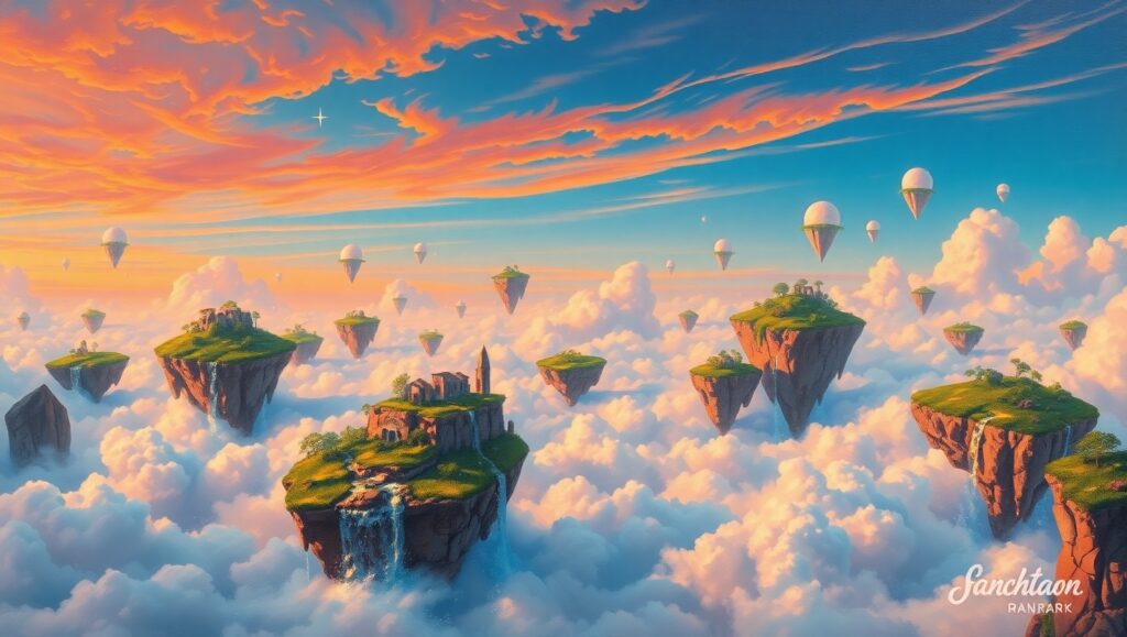 Surreal Floating Islands at Sunset – free AI stock image