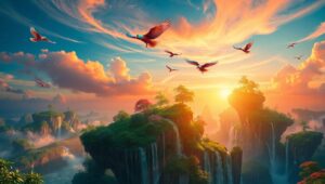 Surreal Floating Islands at Sunset UN8 – free AI stock image
