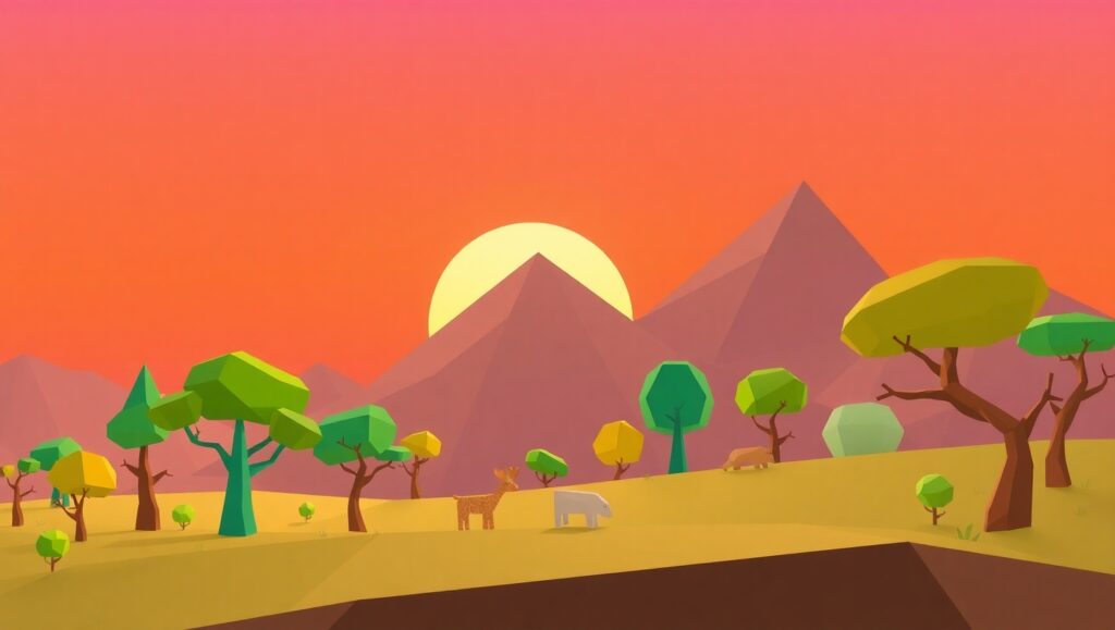 Surreal Low-Poly Mountain Landscape – free AI stock image