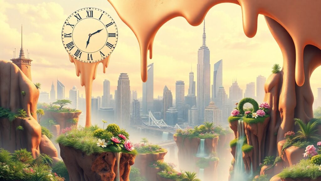 Surreal Melting Clock Cityscape – free AI stock image