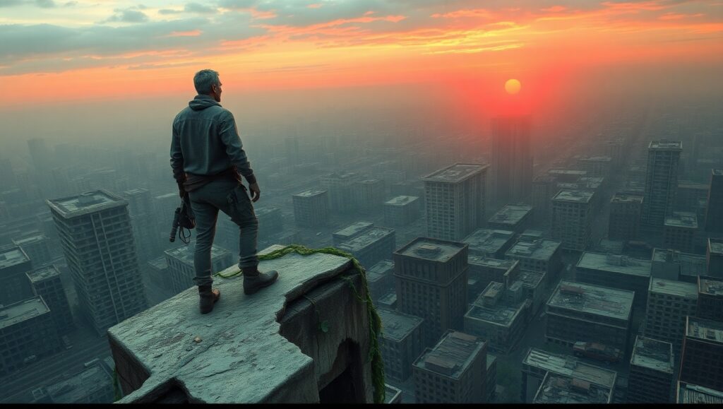 Survivor Overlooking a Fallen City – free AI stock image