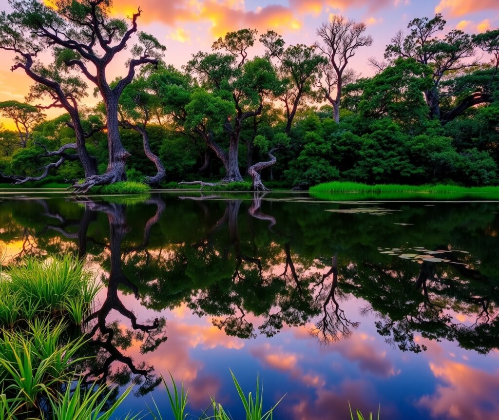 Swaying Trees by a Calm Lake – free AI stock image