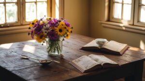 A Symphony of Everyday Objects on a Wooden Table image – free AI stock image
