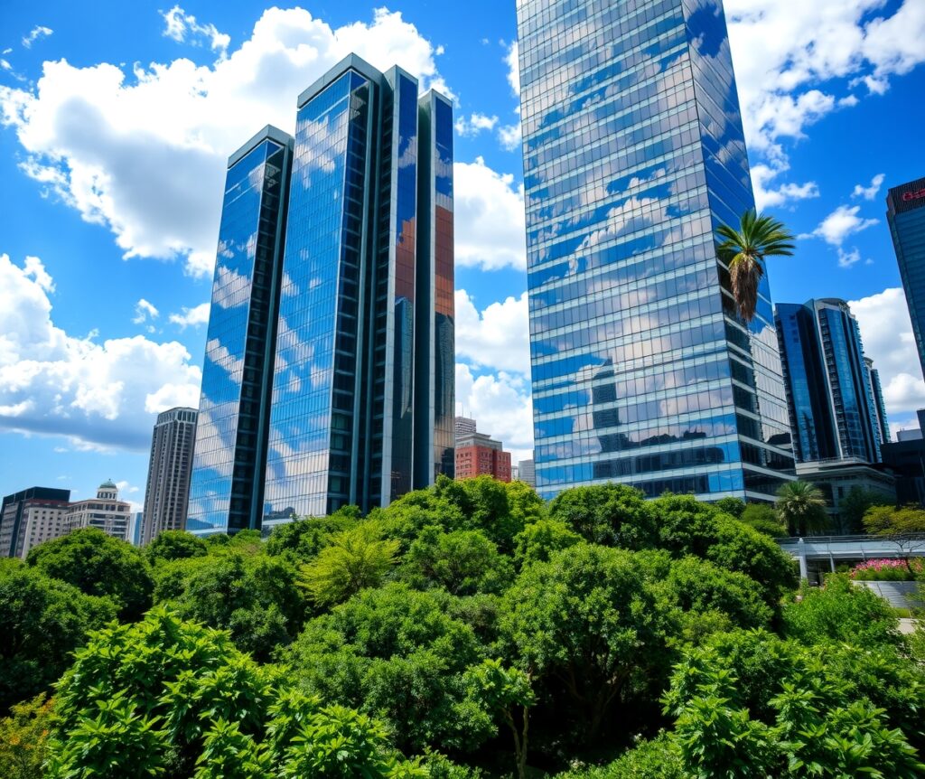 Symphony of Modern Skyscrapers and Nature – free AI stock image
