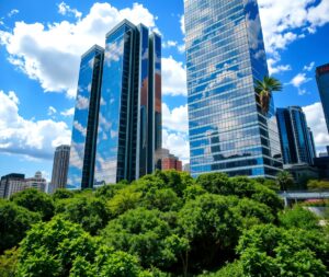Symphony of Modern Skyscrapers and Nature – free AI stock image
