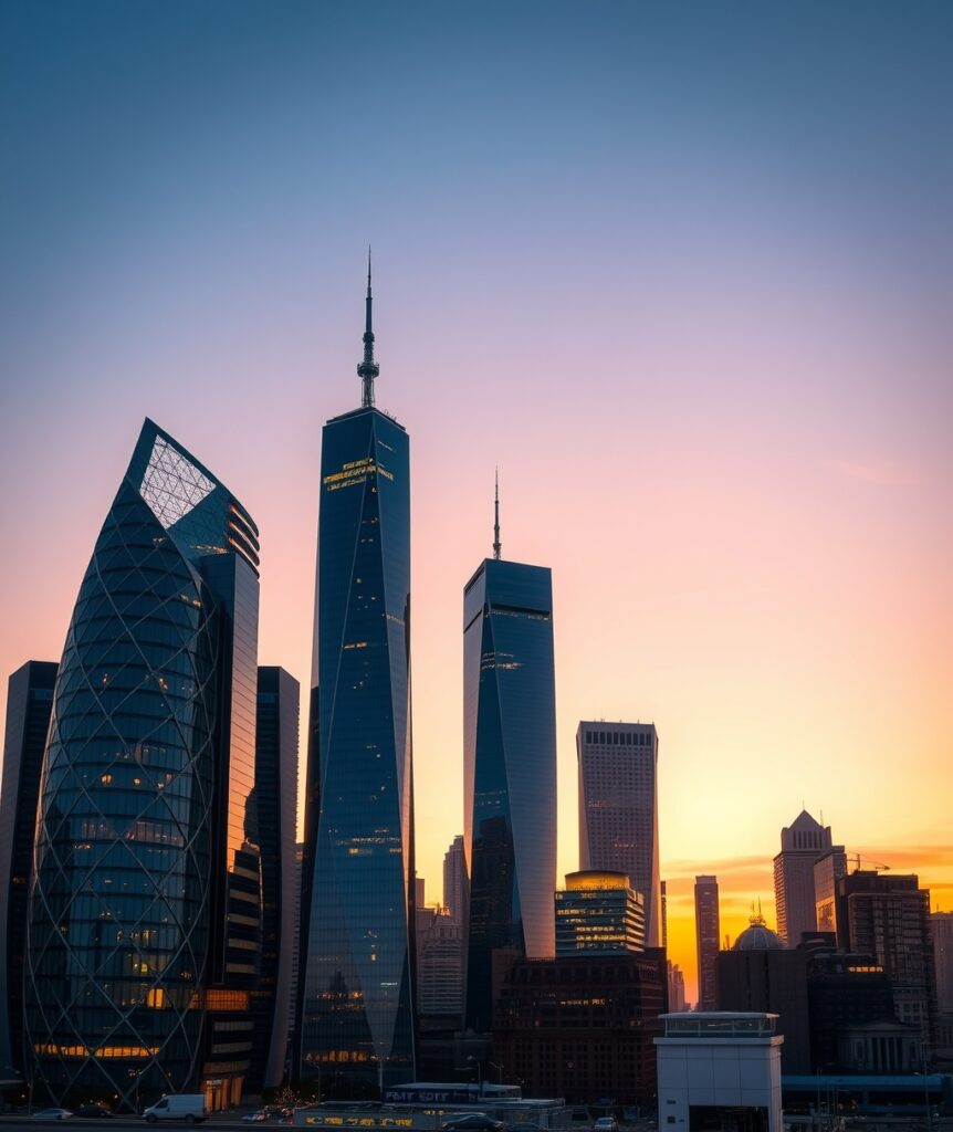 A Symphony of Modern Skyscrapers at Dusk – free AI stock image