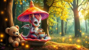 Tea Time with a Fluffy Dragon – free AI stock image