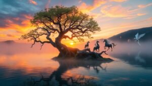 The Enchanted Lake Guardian – free AI stock image