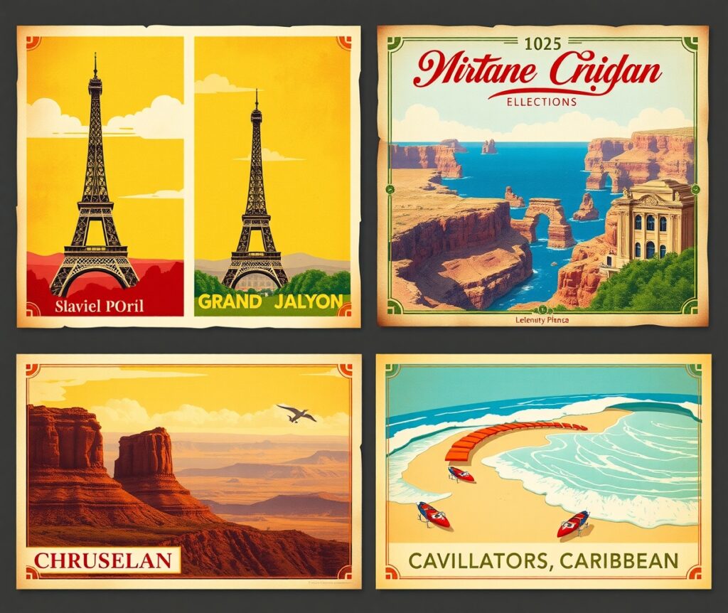 Timeless Vintage Travel Posters Collection – free AI stock image