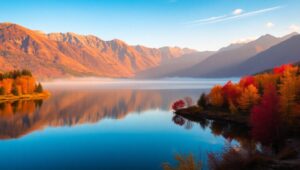 Tranquil Autumn Lake Landscape – free AI stock image