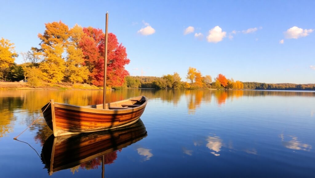 Tranquil Autumn Lake Reflection – free AI stock image