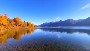 Tranquil Autumn Lake View – free AI stock image
